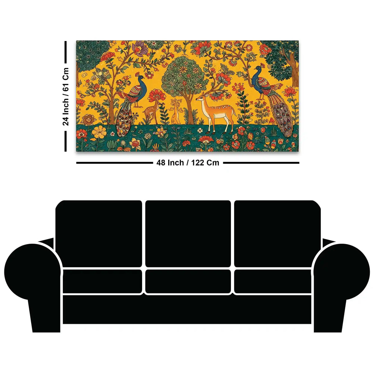 Ethereal Peacock and Deer Indian Folk Art Canvas Wall Painting