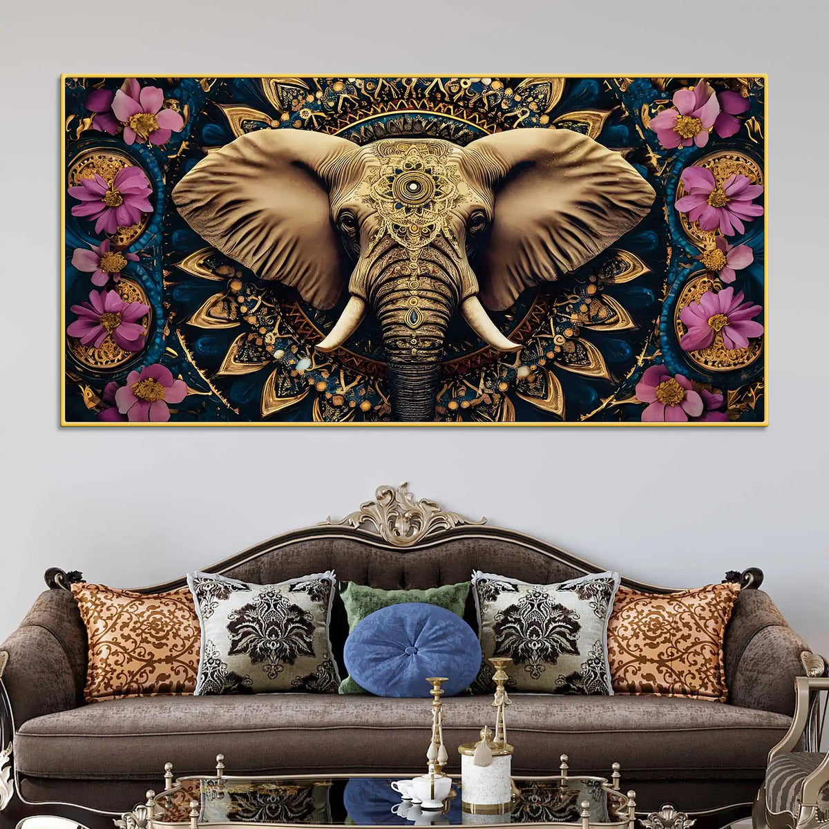 Ethnic Elephant Canvas Floral Wall Art Painting for Home Decor