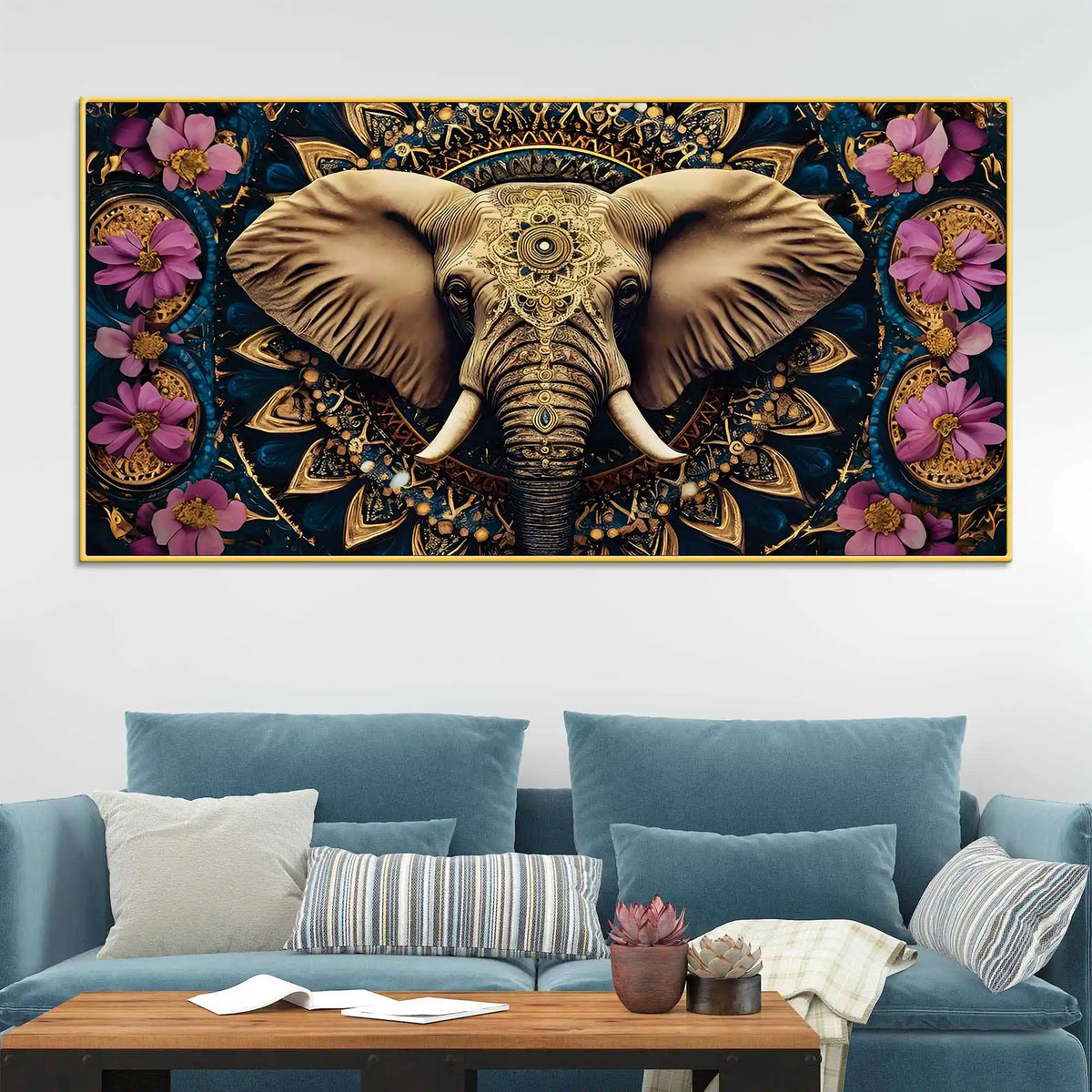 Ethnic Elephant Canvas Floral Wall Art Painting for Home Decor