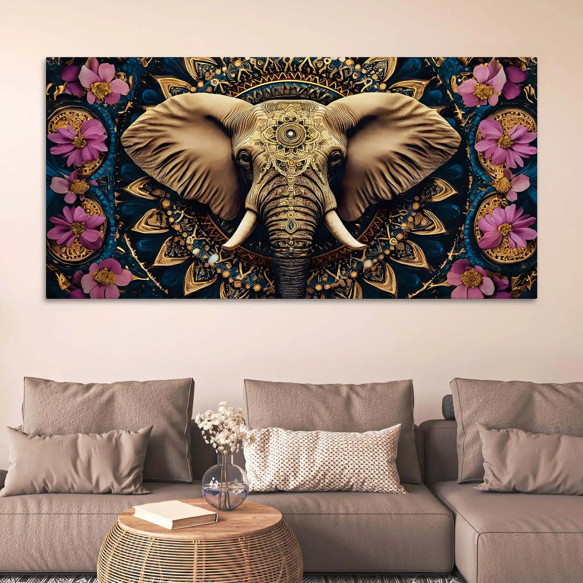 Ethnic Elephant Canvas Floral Wall Art Painting for Home Decor
