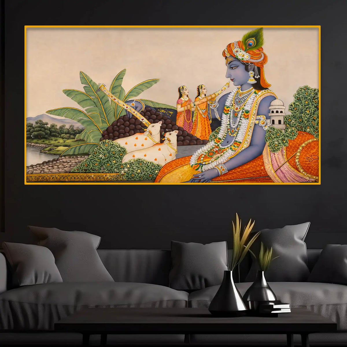 Ethnic Krishna Artwork Crystal Glass Wall Painting