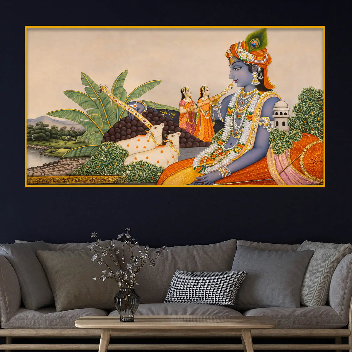 Ethnic Krishna Artwork Crystal Glass Wall Painting