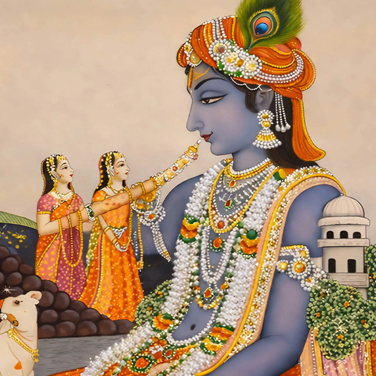 Ethnic Krishna Artwork Crystal Glass Wall Painting