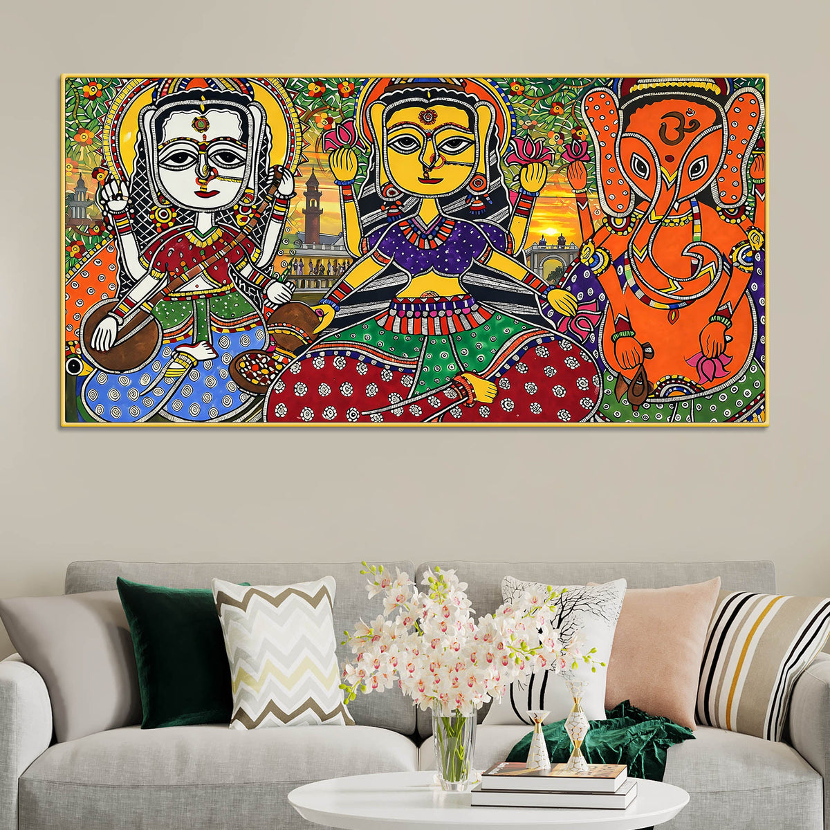 Ethnic Madhubani Lakshmi Saraswati Ganesh Canvas Wall Painting