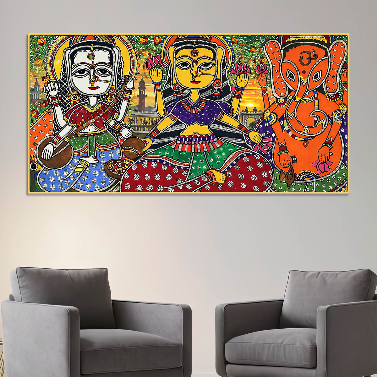 Ethnic Madhubani Lakshmi Saraswati Ganesh Canvas Wall Painting