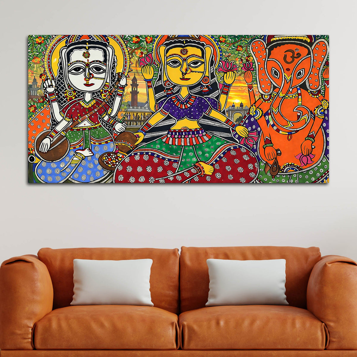 Ethnic Madhubani Lakshmi Saraswati Ganesh Canvas Wall Painting