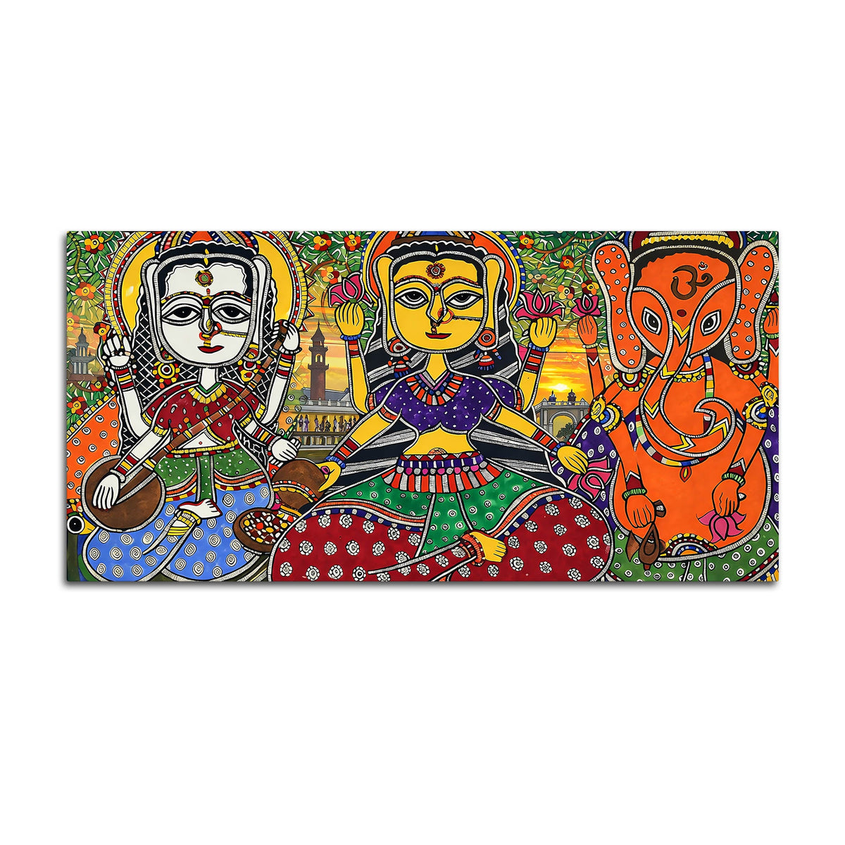 Ethnic Madhubani Lakshmi Saraswati Ganesh Canvas Wall Painting