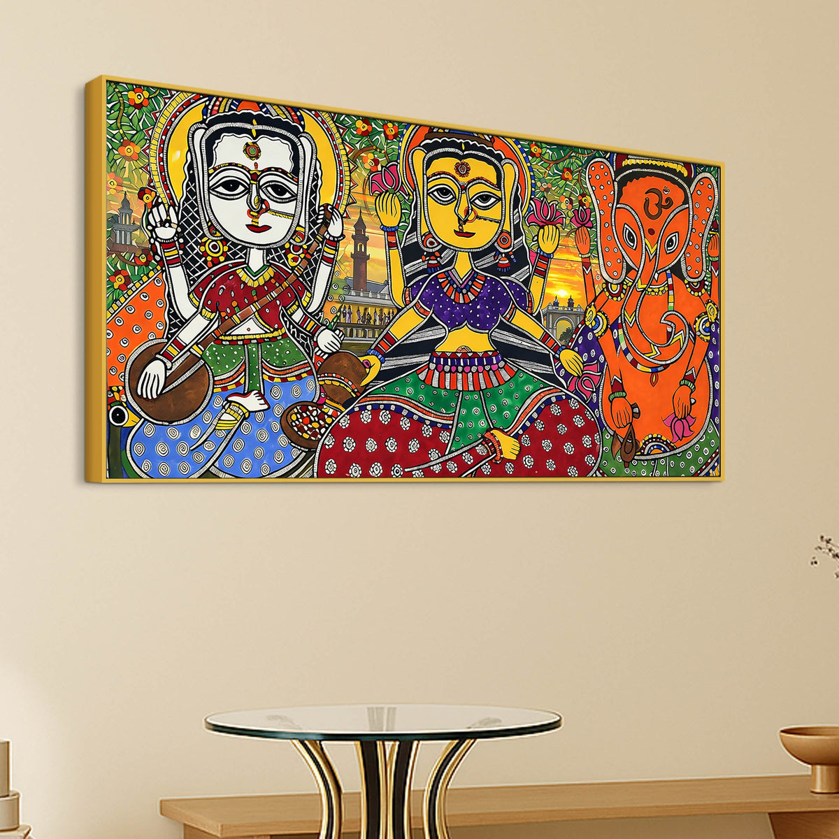 Ethnic Madhubani Lakshmi Saraswati Ganesh Canvas Wall Painting