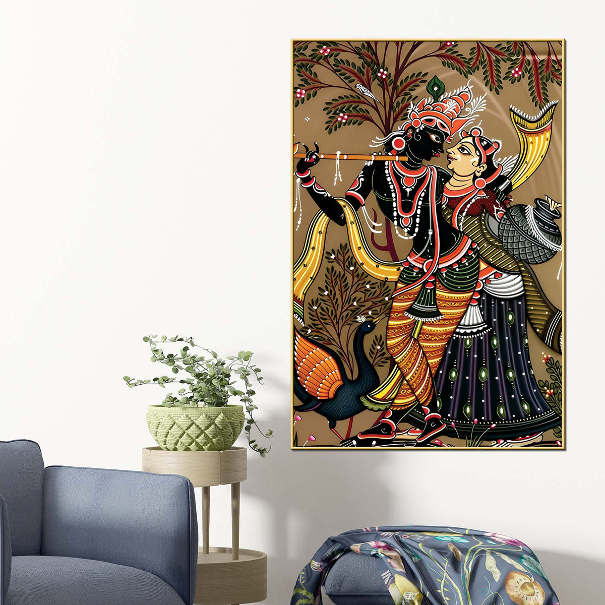 Ethnic Radha Krishna Canvas Wall Painting | Spiritual Indian Painting for Home Decor