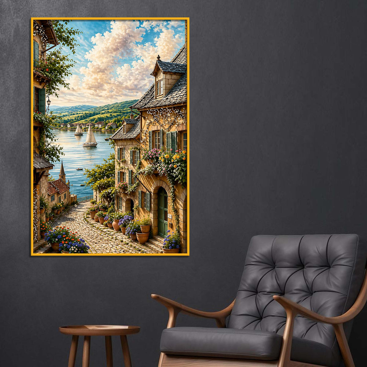 European Riverside Village Floating Frame Crystal Wall Painting