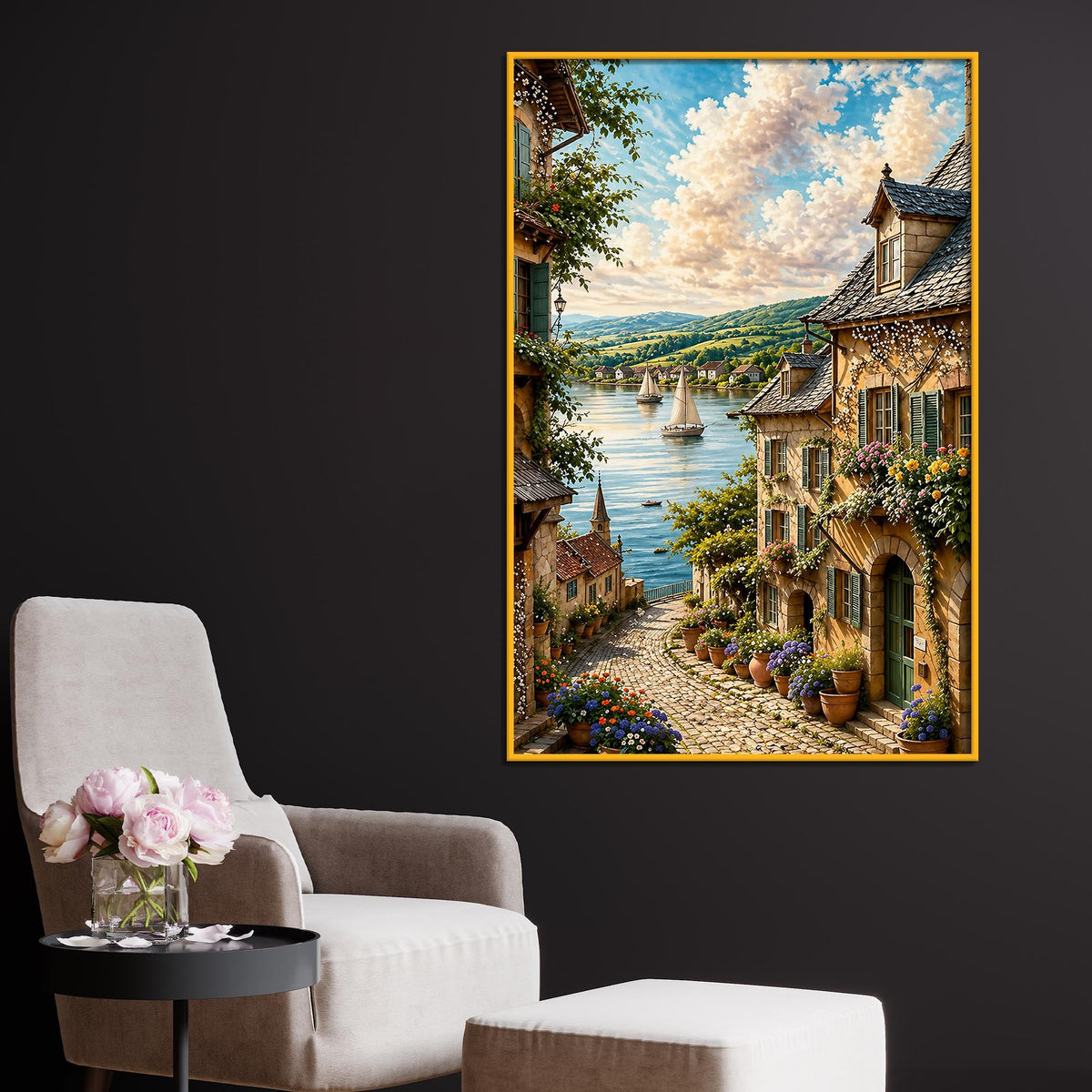 European Riverside Village Floating Frame Crystal Wall Painting