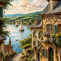 European Riverside Village Floating Frame Crystal Wall Painting