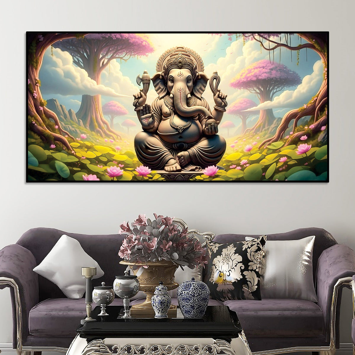 Exclusive Nature Themed Lord Ganesha's Premium Canvas Wall Painting For Home & Office Spaces – Modern Religious Wall Art