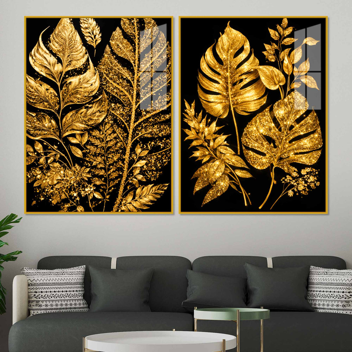 Exquisite Golden Botanical Leaves Acrylic Floating Wall Painting Set of 2