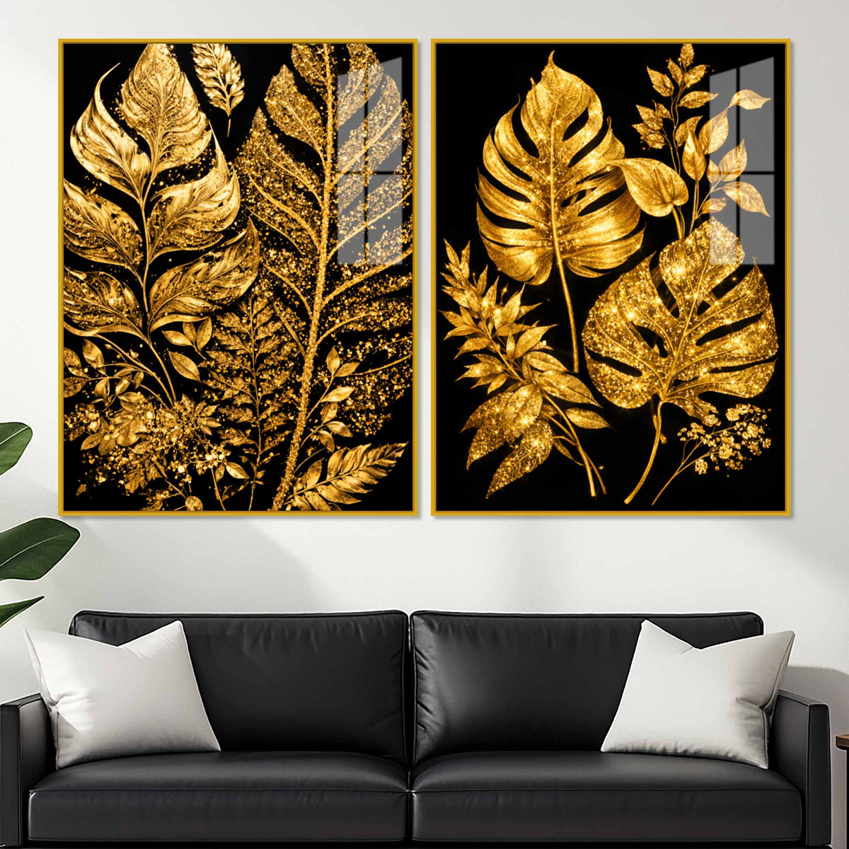 Exquisite Golden Botanical Leaves Acrylic Floating Wall Painting Set of 2