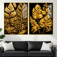 Exquisite Golden Botanical Leaves Acrylic Floating Wall Painting Set of 2