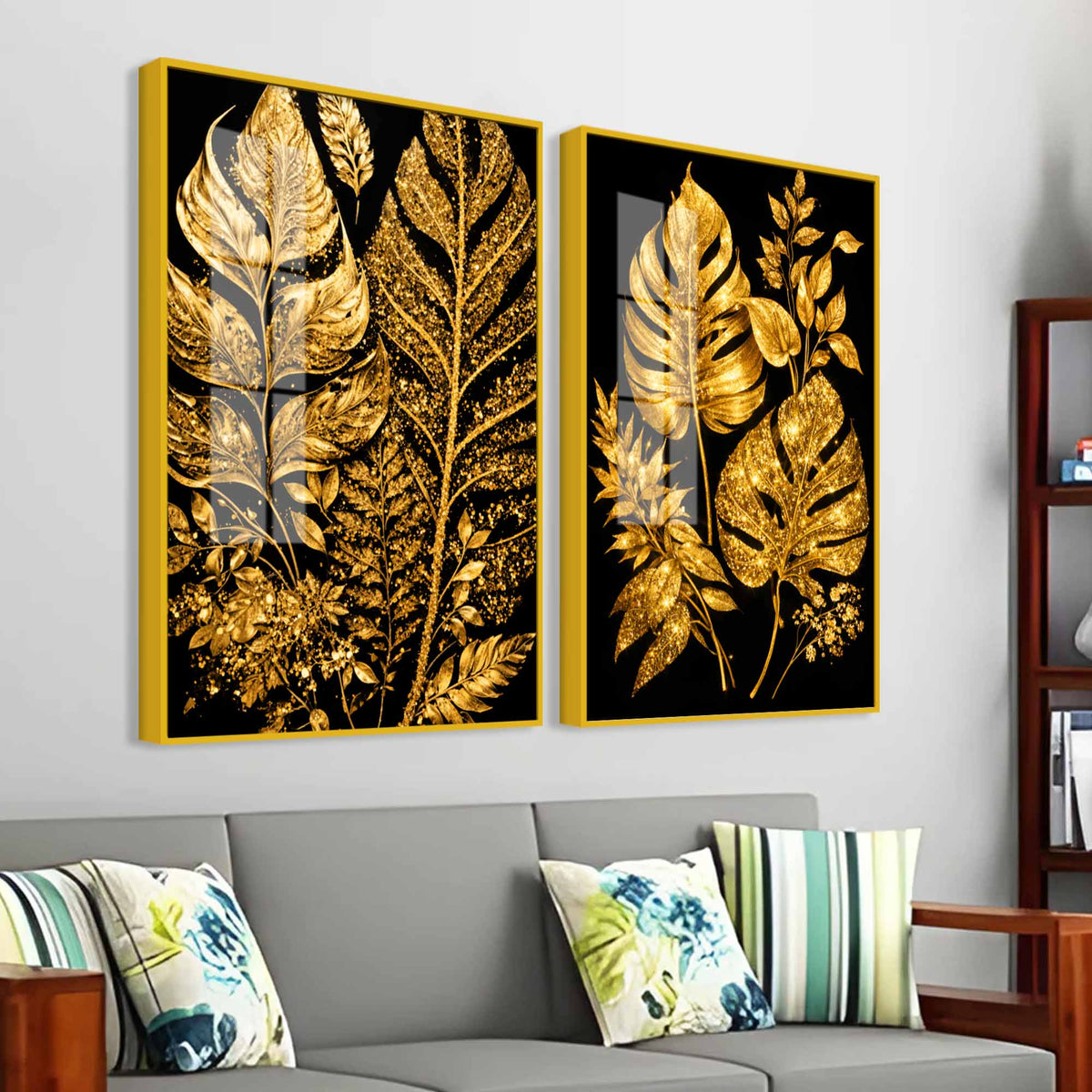 Exquisite Golden Botanical Leaves Acrylic Floating Wall Painting Set of 2