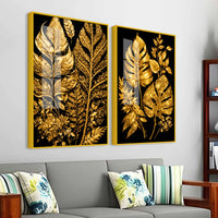Exquisite Golden Botanical Leaves Acrylic Floating Wall Painting Set of 2