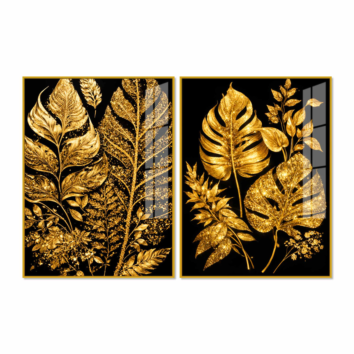 Exquisite Golden Botanical Leaves Acrylic Floating Wall Painting Set of 2