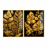 Exquisite Golden Botanical Leaves Acrylic Floating Wall Painting Set of 2