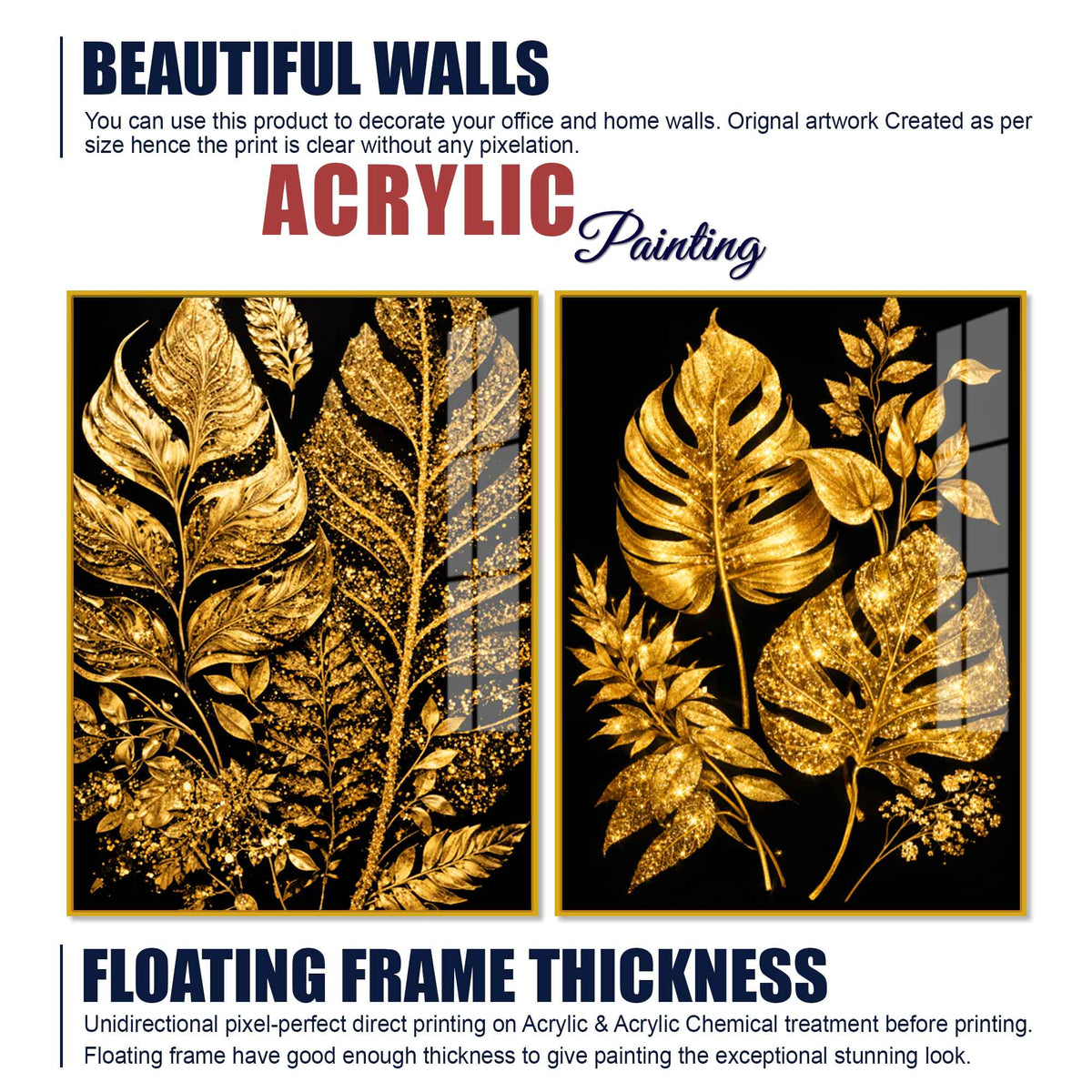 Exquisite Golden Botanical Leaves Acrylic Floating Wall Painting Set of 2