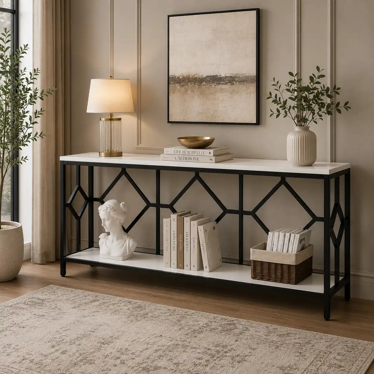 Extra Long White Black Durable Marble 2 Tier Console Table