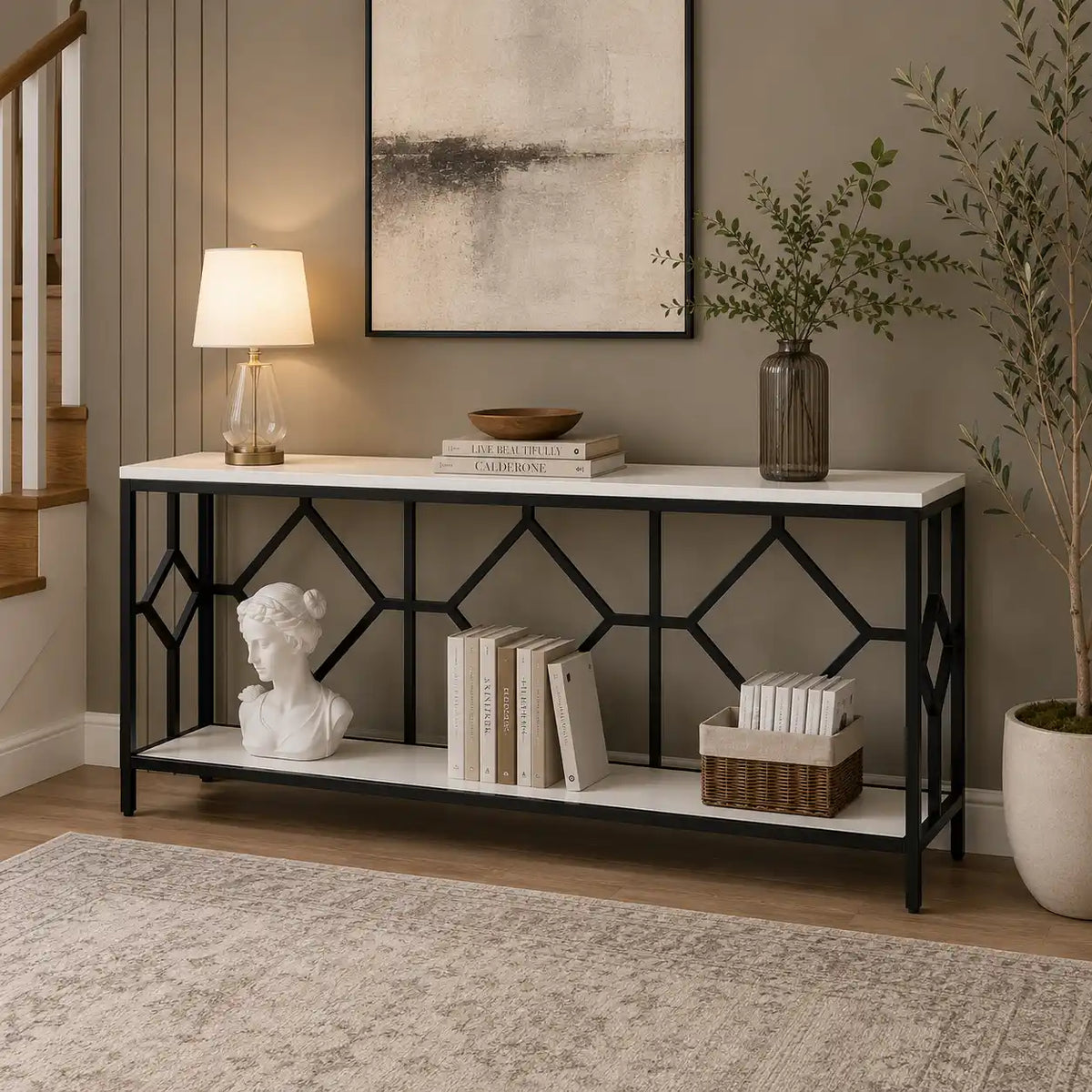 Extra Long White Black Durable Marble 2 Tier Console Table