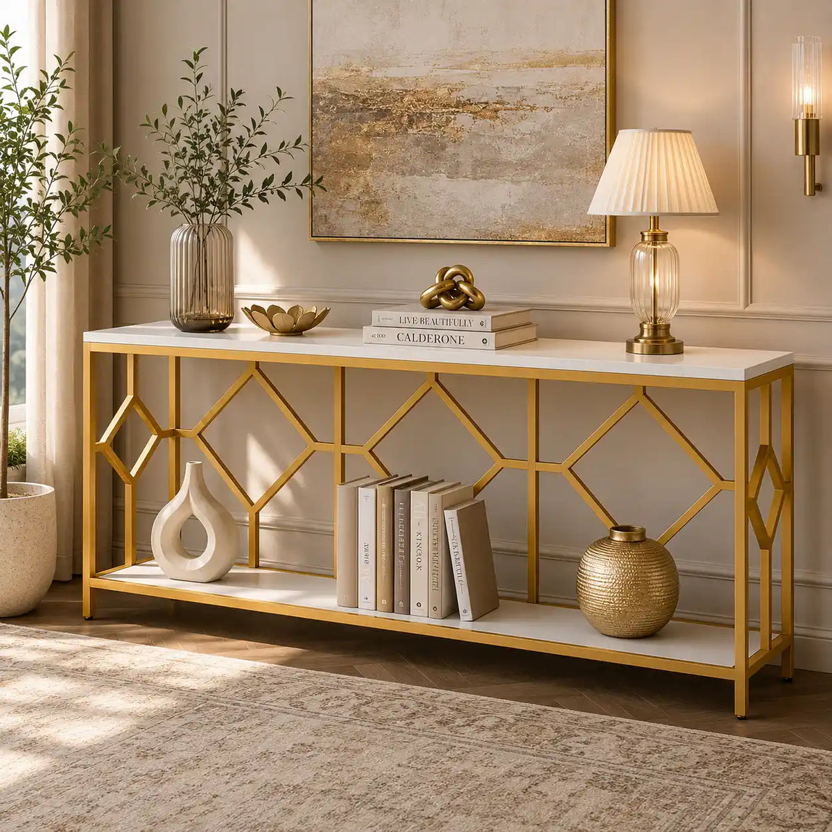 Extra Long White Gold Durable Marble 2 Tier Console Table
