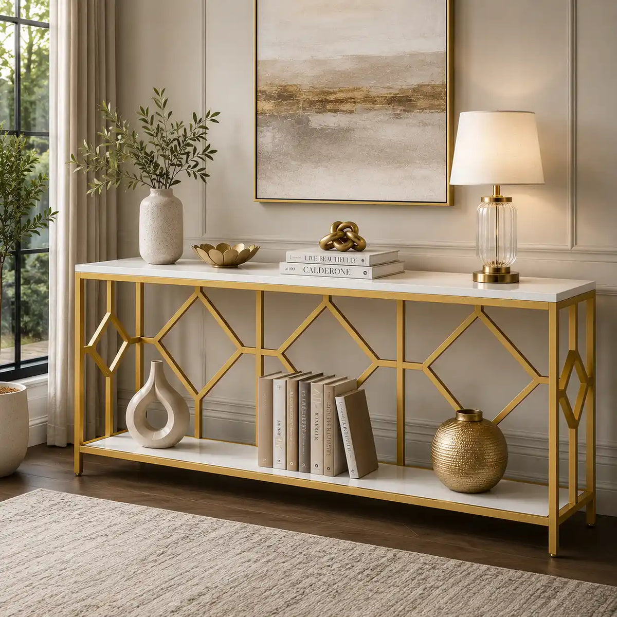 Extra Long White Gold Durable Marble 2 Tier Console Table