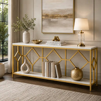 Extra Long White Gold Durable Marble 2 Tier Console Table