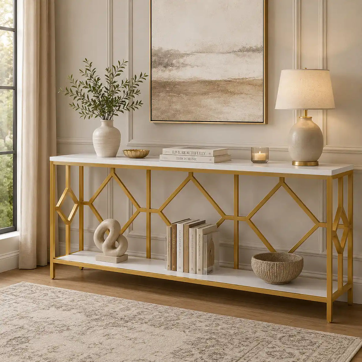 Extra Long White Gold Durable Marble 2 Tier Console Table
