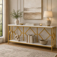 Extra Long White Gold Durable Marble 2 Tier Console Table