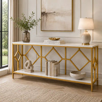 Extra Long White Gold Durable Marble 2 Tier Console Table