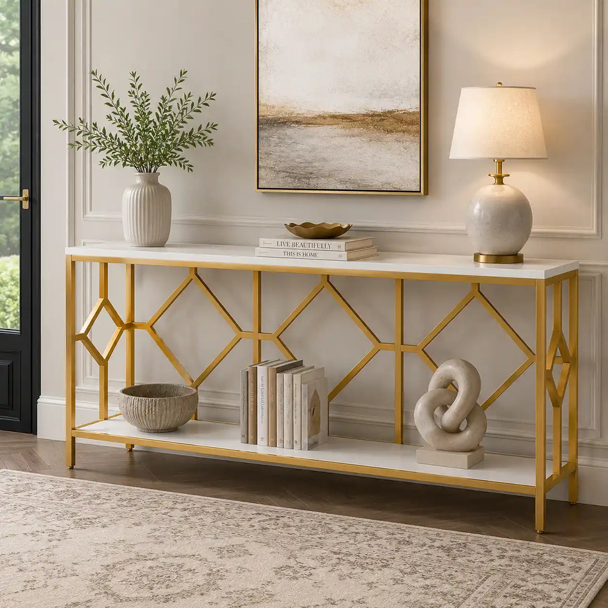 Extra Long White Gold Durable Marble 2 Tier Console Table