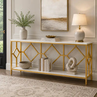 Extra Long White Gold Durable Marble 2 Tier Console Table