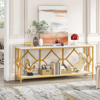 Extra Long White Gold Durable Marble 2 Tier Console Table