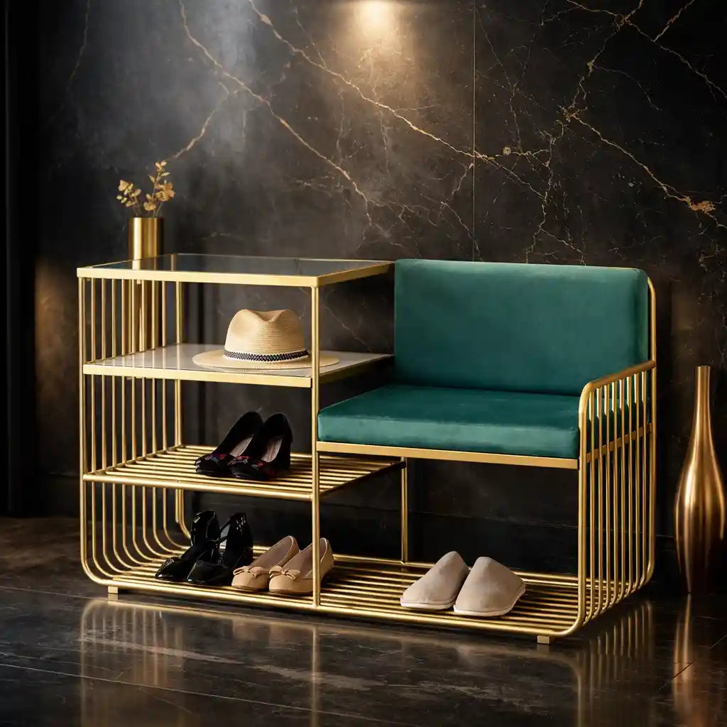 Faux Marble Green Velvet Modern Bench with Shoe Rack