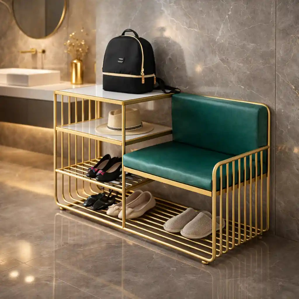 Faux Marble Green Velvet Modern Bench with Shoe Rack