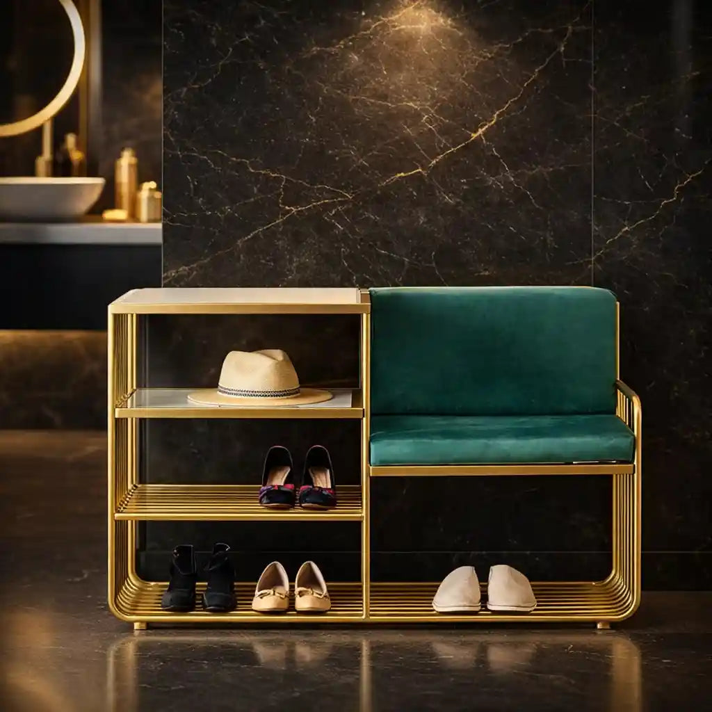 Faux Marble Green Velvet Modern Bench with Shoe Rack