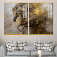 Fearless Golden Majesty Horse Acrylic Floating Wall Painting Set of 2