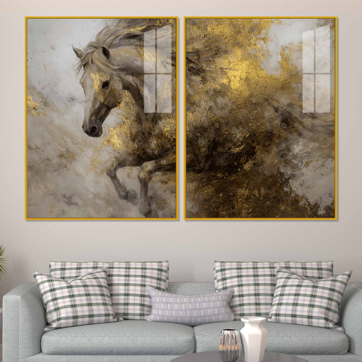 Fearless Golden Majesty Horse Acrylic Floating Wall Painting Set of 2