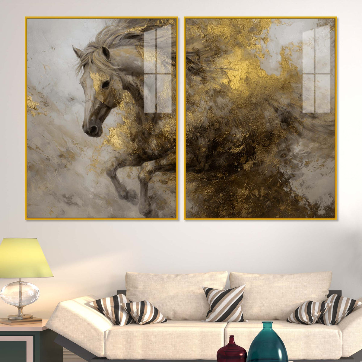 Fearless Golden Majesty Horse Acrylic Floating Wall Painting Set of 2