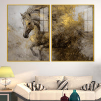 Fearless Golden Majesty Horse Acrylic Floating Wall Painting Set of 2
