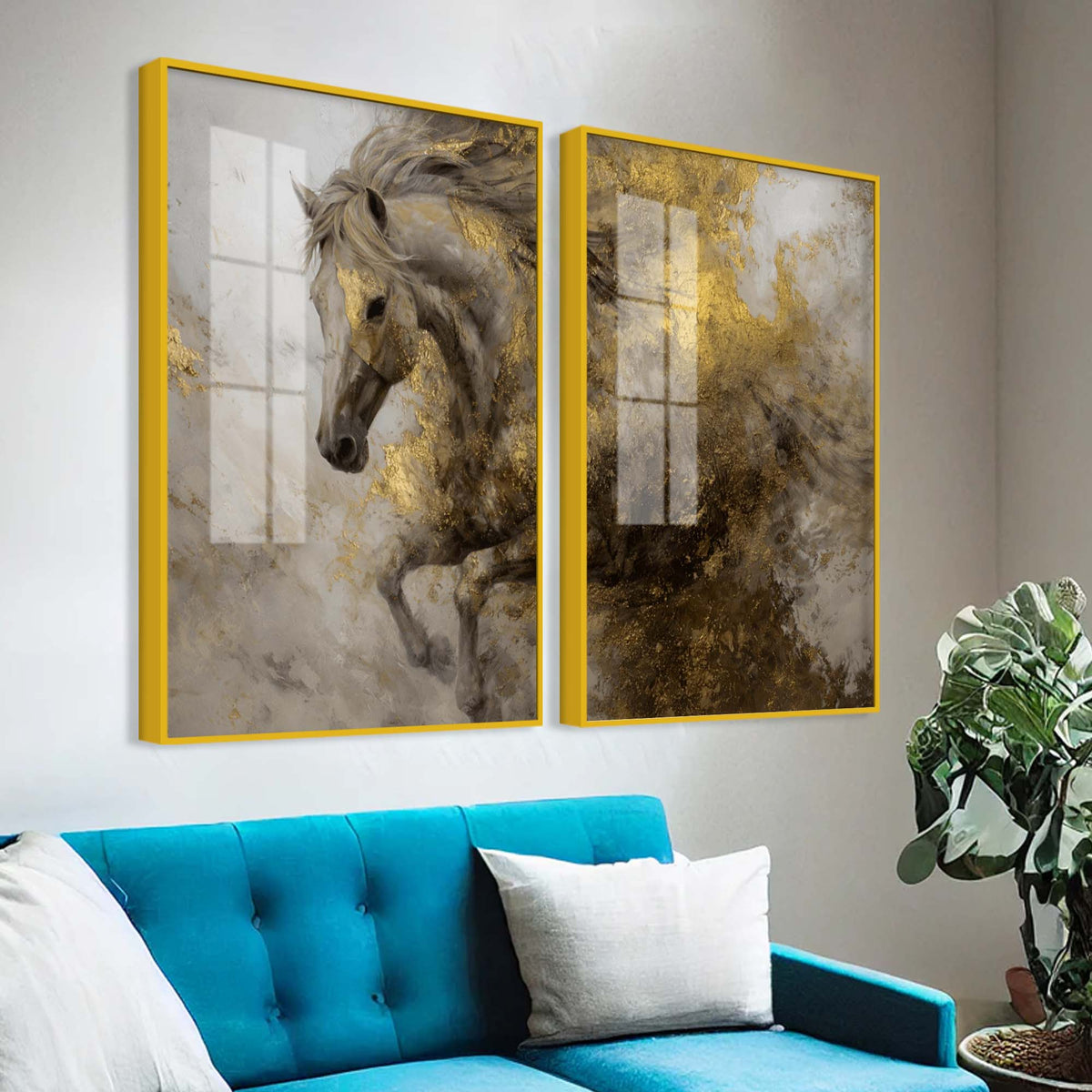 Fearless Golden Majesty Horse Acrylic Floating Wall Painting Set of 2