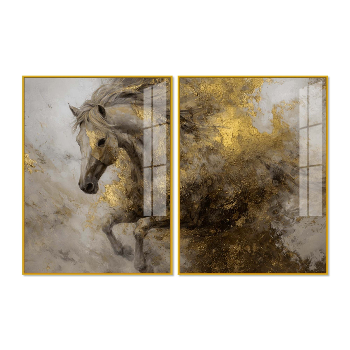 Fearless Golden Majesty Horse Acrylic Floating Wall Painting Set of 2