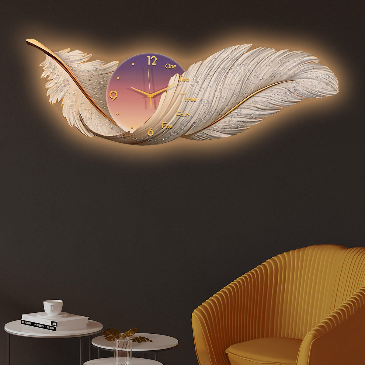 Feathered Elegance Crystal Glass Backlit LED Wall Art with Clock