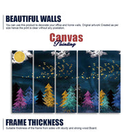 Five Pieces Wall Painting of Golden Birds Flying over The Dark Forest