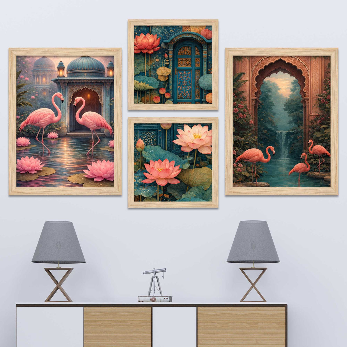 Flamingo Lotus Royal Door Luxury Palace Garden Wall Frame Set of Four