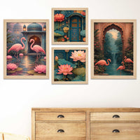 Flamingo Lotus Royal Door Luxury Palace Garden Wall Frame Set of Four