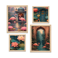 Flamingo Lotus Royal Door Luxury Palace Garden Wall Frame Set of Four
